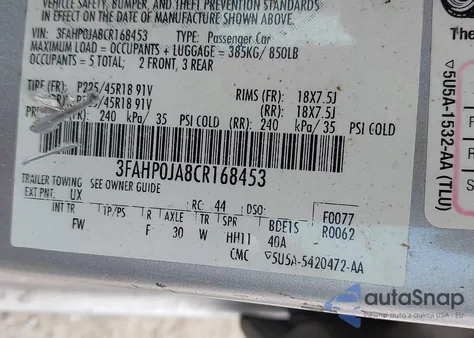 2012 Ford Fusion Sel из США, поврежденный, VIN 3FAHP0JA8CR168453